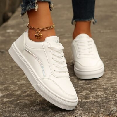 Women's White and Black Lace-Up Sneakers - Comfortable and Stylish Flats