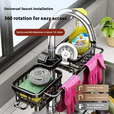 Multi-Functional Sink Faucet Storage Rack – Kitchen and Bathroom Organizer with Hooks