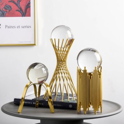 Golden Stand Crystal Ball Decor Set - Nordic Arch, Ribbed Metal, and Helix Designs