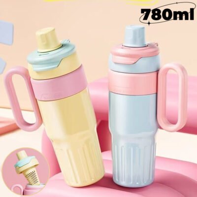 780ml Gradient Stainless Steel Double Drink Thermal Cup with Handle and Straw