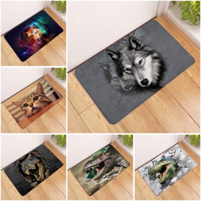Animal Print Flannel Floor Mat - Wolf Cat Dinosaur Design, Machine Washable