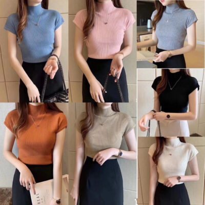 Women's Ribbed Mock Neck Top - Slim Fit Short Sleeve Knit Sweater