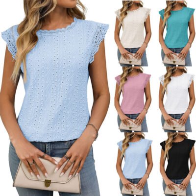 Women's Knitted Jacquard Eyelet Top - Flutter Sleeve Ruffled Blouse