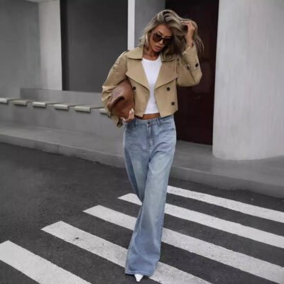 Women's Cropped Trench Jacket - Khaki Double-Breasted Coat