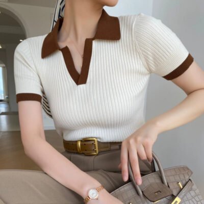 Summer Knit Polo Shirt for Women - Breathable Colorblock Casual Top