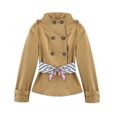 Women's Short Trench Jacket with Scarf Belt - Camel Tan Coat