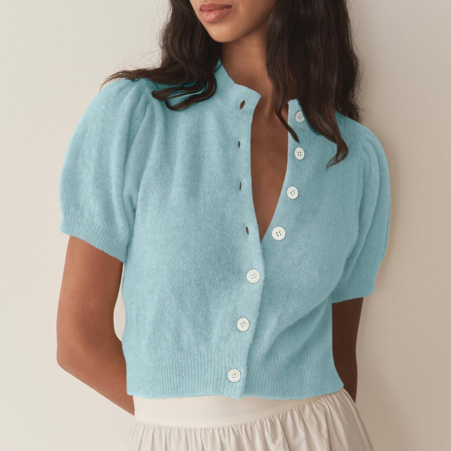 Women's Puffed Sleeve Cardigan - Lightweight Knit Sweater for Layering