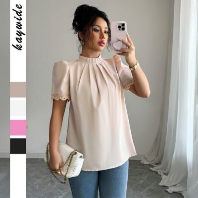 Women's Khaki Pleated High-Neck Blouse - Lace Trim Puff Sleeve
