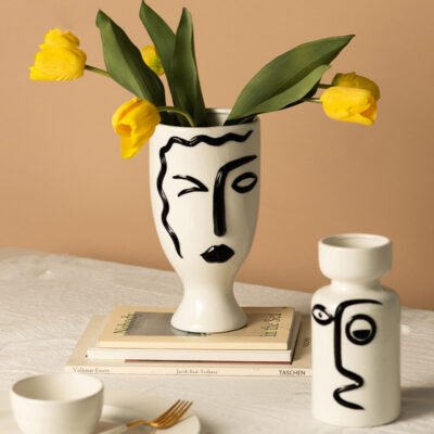 Modern Hand-Painted Ceramic Vase - Abstract Face Design Home Decor