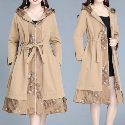 Elegant Embroidered Hooded Trench Coat for Women - Plus Size