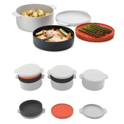 4-Piece Microwave Cooking Set - Stackable Steamer Pot Griddle