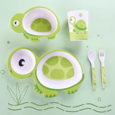 Turtle-Themed Bamboo Fiber Kids Tableware Set - 5-Piece Eco-Friendly