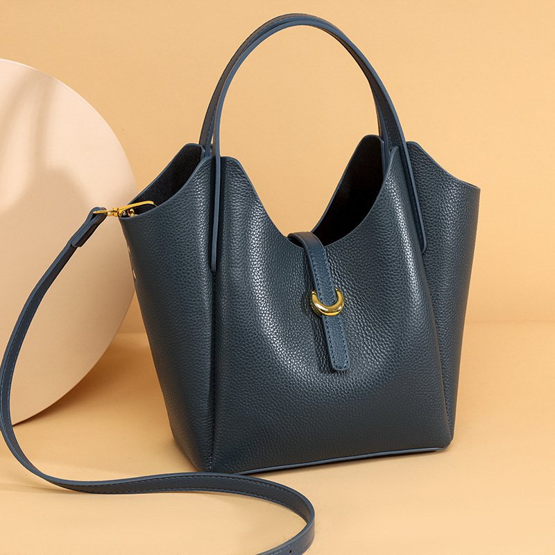 Genuine Leather Handbag - Retro Top-Handle Crossbody with Gold Buckle