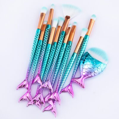 11-Piece Mermaid Makeup Brush Set - Synthetic Fiber Bristles